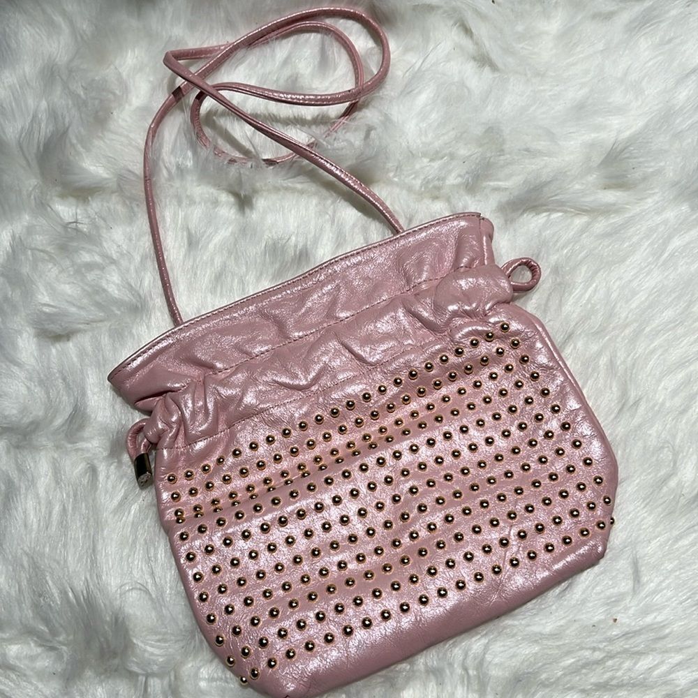 Vintage‎ 90’s Pink Shimmer Leather Studded Drawstring Bag B93